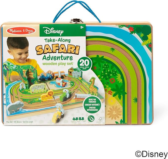 Melissa & Doug Disney Take-Along Safari Adventure Wooden Play Set with Built-in Tracks – 20 Pieces | Mickey Mouse, Minnie, Wooden Toy for Boys and for Girls 3+ - FSC Certified