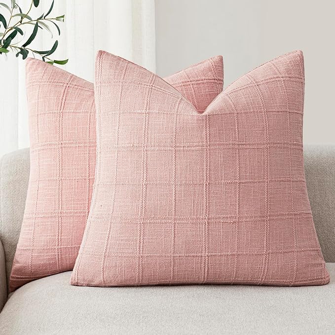 Foindtower Set of 2 Decorative Linen Check Throw Pillow Covers Neutral Farmhouse Vintage Cushion Covers Modern Boho Accent Home Decor for Sofa Chair Couch Bedroom Living Room,26×26 Inch,Light Pink
