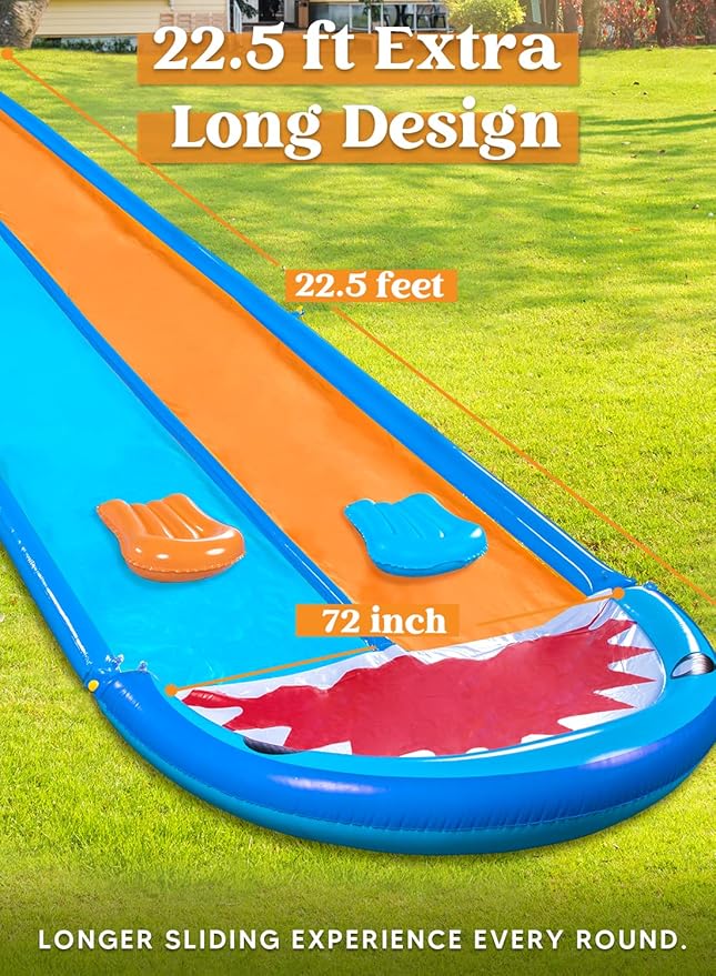 Sloosh Shark Double Water Slide, 22.5ft Heavy Duty Lawn Water Slip with Sprinkler Slide and 2 Slip Inflatable Boards for Party Summer Yard Lawn Outdoor Play Activities