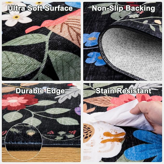 Round Area Rug for Living Room: 8 ft Floral Washable Circle Rug Soft Boho Non-Slip Carpet Indoor Floor Stain Resistant Low Pile Small Circular Rug for Bedroom Entryway Kitchen Nursery Black
