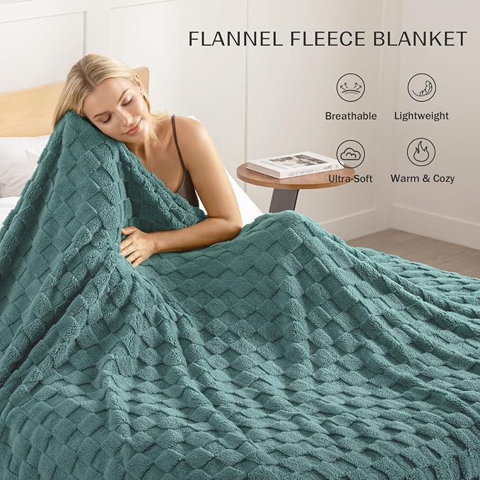 Exclusivo Mezcla 3D Checkered Fleece Queen Blanket for Bed, Celadon | Super Soft and Cozy Fluffy Blanket, Lightweight, Breathable, Decorative Blanket for Living Room, Bedroom, All Season, 90"x90"