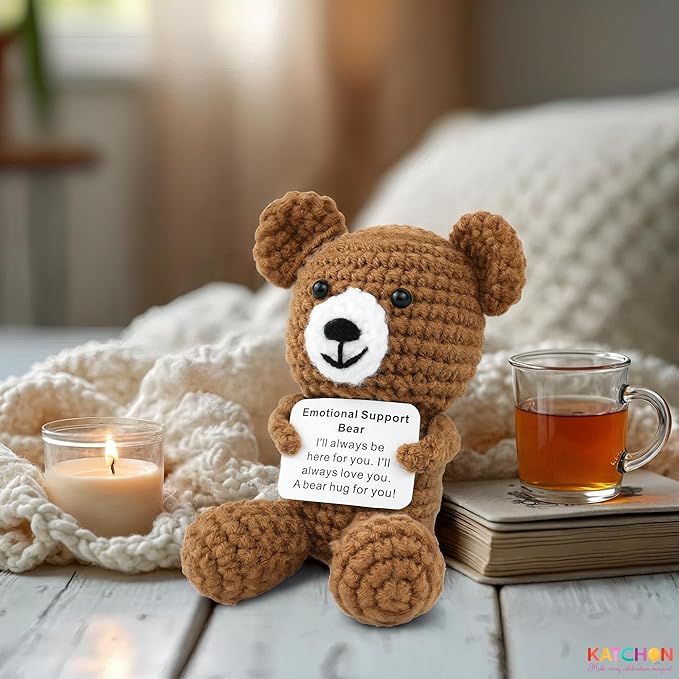 KatchOn, Emotional Support Crochet Teddy Bear | Crochet Animals with Positive Messages | Positive Crochet Animals, Coworker Gifts | Stuffed Animal | Emotional Support Bear