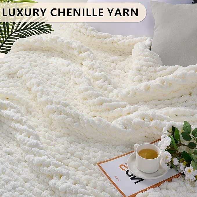 L'AGRATY Chunky Knit Throw Blanket for Couch, 50 x 60 Inches, Cream White | Handmade Chenille Crochet Blanket for Sofa Bed, Thick Cable Knitted Blankets for Room Home Decor, Birthday Gift for Women Mom