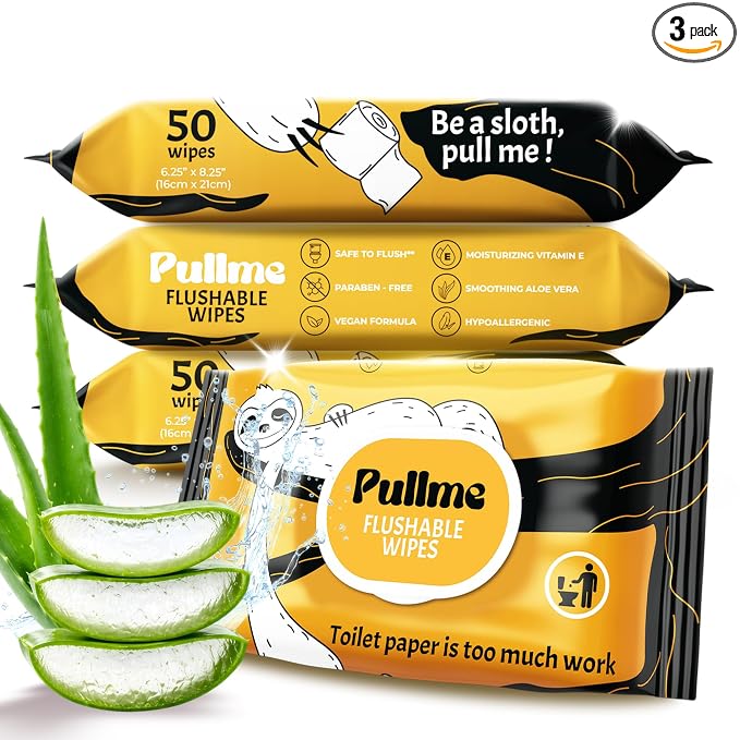 Pack of 3, 150 Counts - Flushable Wipes For Adults, Woman, Man, Family - Travel, Toilet, Bathroom Wipes Flushable Pack - Vitamin E & Aloe - Sewer & Septic Safe