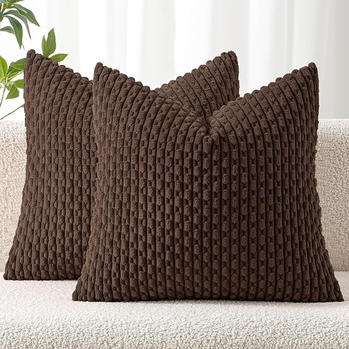 MIULEE Decorative Throw Pillow Covers 18x18 Dark Brown Textured Corduroy | Pack of 2 Striped Pillow Covers Modern Farmhouse Fall Home Decor for Couch Bed Sofa Living Room