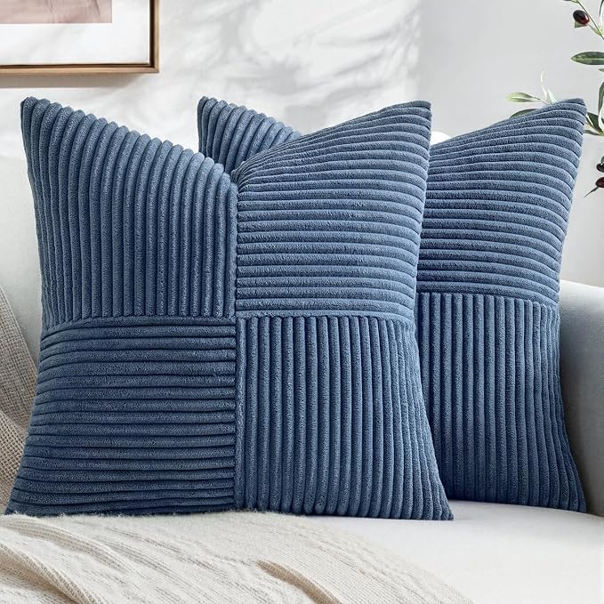 MIULEE Dusty Blue Decorative Euro Sham Pillow Covers 24x24 Inch 2 Pack | Coastal Boho Farmhouse Pillow Covers, Soft Cross Corduroy Patchwork Textured Cushion Cases For Couch Bed Sofa