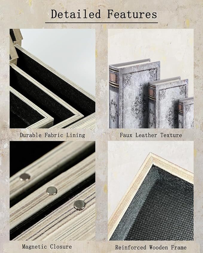 Wooden Book Box Set of 3 with Magnetic Closure and Grey Vintage Leather Cover, Non-Woven Fabric Interior, Decorative Secret Storage for Bookshelves and Home Office