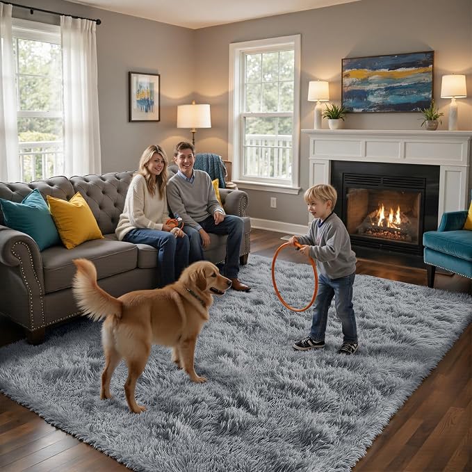 yongyangjuxin Fluffy Rug Shag Area Rug, Light Grey 9x12 Area Rugs for Living Room, Large Shag Area Rugs for Bedroom Room Home Decor, Upgrade Anti-Skid Rectangular Fuzzy Rugs
