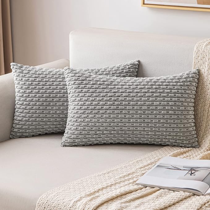 MIULEE Lumbar Decorative Throw Pillow Covers 12x20 Light Grey Corduroy | Textured Striped Pack of 2 Striped Pillow Covers Modern Farmhouse Home Decor for Couch Bed Sofa Living Room