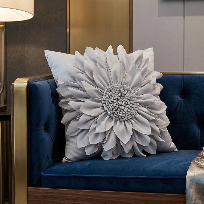 Grey Accent 3D Flower Decorative Throw Pillow Covers for Bed Sofa Couch | Bella's Giftshop Handmade Sunflower Taffeta Pillow Cases Living Room Bedroom Decor, 18x18 Inch