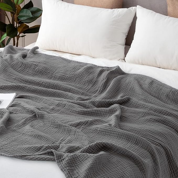 EMME Muslin Blankets for Adults Throw Blanket for Couch Breathable Gauze Soft Lightweight Airy Grey Queen 90" x 90"