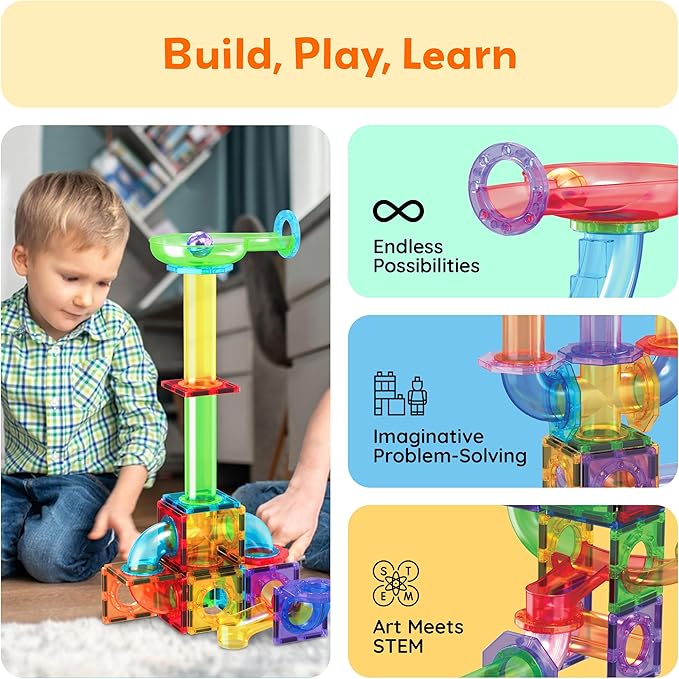 PicassoTiles Magnetic Marble Run Add-On Expansion Pack for Magnet Tile Building Blocks Maze Construction Toy Kit Educational STEM Learning Enhances Creativity Imagination Children Ages 3+ PTG01