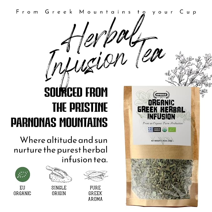 APSOGO Organic Herbal Tea Loose Leaf - Greek Mountain Tea Blend with Sage, Lemon Balm & Dittany - Caffeine Free Herbal Tea - Loose Leaf Herbal Tea from Greece (1.76oz)