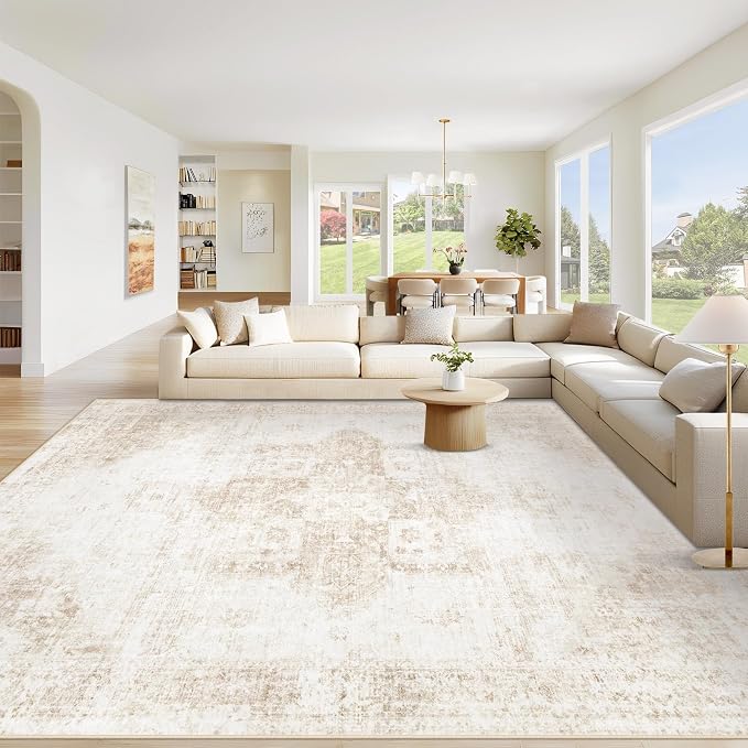 Area Rug 9x12 Washable Rug, Vintage Boho Medallion Rugs Non-Slip Soft Low Pile Large Distressed Rug Indoor Retro Carpet for Living Room Bedroom Dining Room Home Office (Beige, 9'x12')
