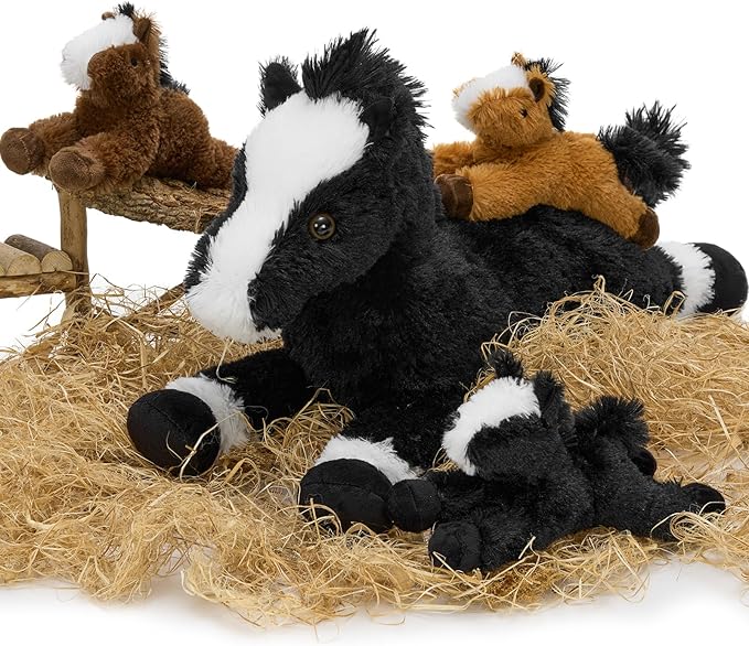 Tezituor 4Pcs Horse Stuffed Animal Set, 21inch Large Stuffed Mommy Horse with 4 Babies Pony Toys, Black Stuffed Pony Plush Pillow for Boys Girls