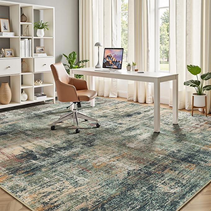 9x12 Area Rug for Living Room, Abstract Washable Large Rugs, Coffee/Green | Neutral Carpet for Bedroom, Dining Room, Home Office Nursery Indoor, Stain Resistant, Non-Slip, Low Pile, Modern Rug