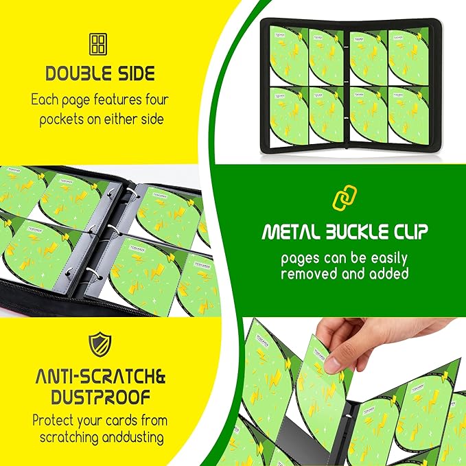 Trading Card Binder 4 Pocket,400 Pocket Card Collection Binder with 50 Removable Sleeves,PU Waterproof Top Card Book,3-Ring Zipper Collectible Trading Card Album for MTG/TCG/Card Holder Gift（Green）