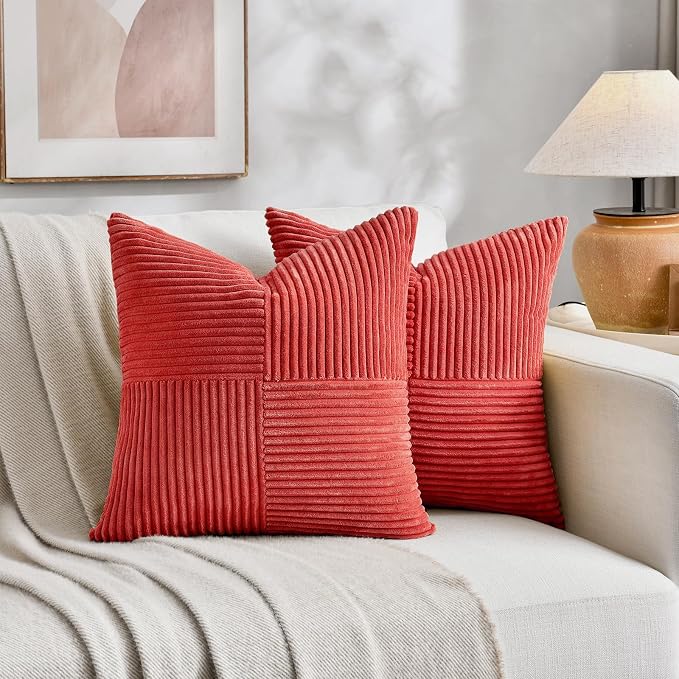Fancy Homi 2 Packs Red Decorative Throw Pillow Covers 16x16 Inch for Living Room Couch Bed Sofa, Holiday Christmas Home Decor Gift, Soft Corss Patchwork Corduroy Textured Square Cushion Case 40x40 cm
