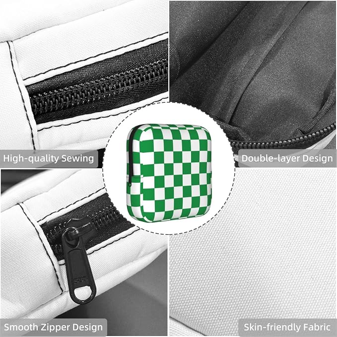 Green And White Checkered Checkerboard Square Grid Chess Board Chessboard Period Bag For Women,Portable Sanitary Napkin Period Pad Pouch For Purse, Small Make Up Bags