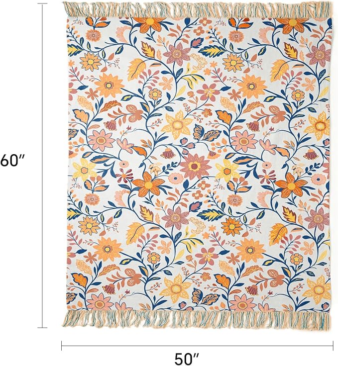 100% Cotton Boho Throw Blanket for Home Decor – Classic Farmhouse Quilt Bedding, Muslin Blankets for Adults, Vintage Woven Decorative Blanket for Couch, Bed Layering Use, Botanic Floral, 50"x60"