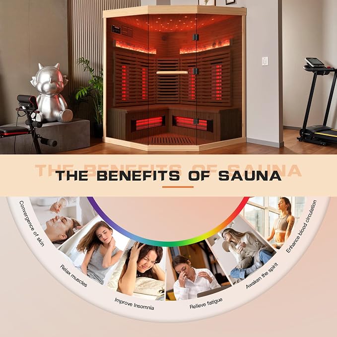 3-4 Person Infrared Home Sauna-Corner Sauna Spa Room w/Himalayan Salt Therapy & Starry Sky Spa,Canadian Hemlock, Tempered Glass (220V, ETL Certified)