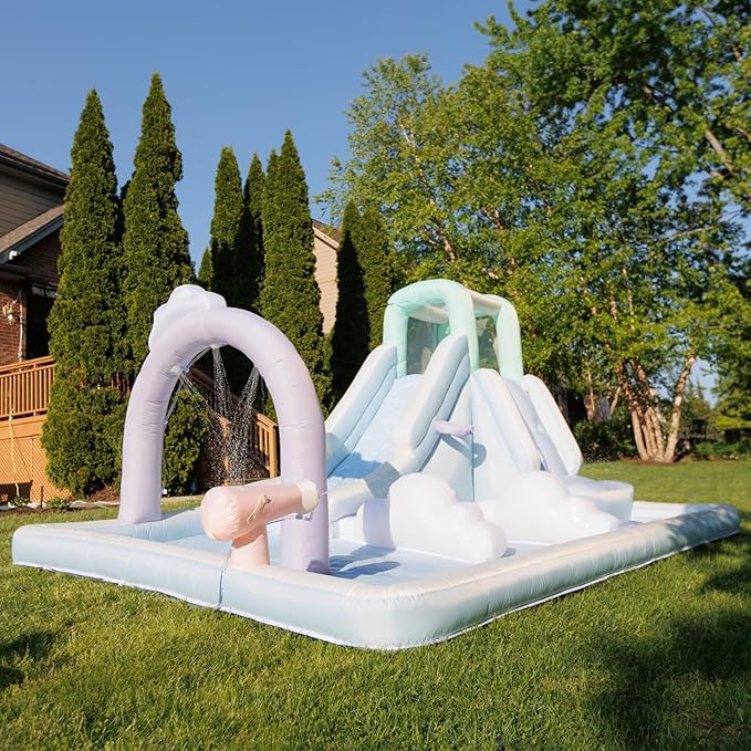 Bounceland Splash N’ Dash Dream Water Slide, 14.4ft L x 9.1ft W x 6.8ft H inflated Size, Outdoor Fun w/Long Slide, Giant Splash Pool, Water Spray, Climbing Wall, Active Play for Kids