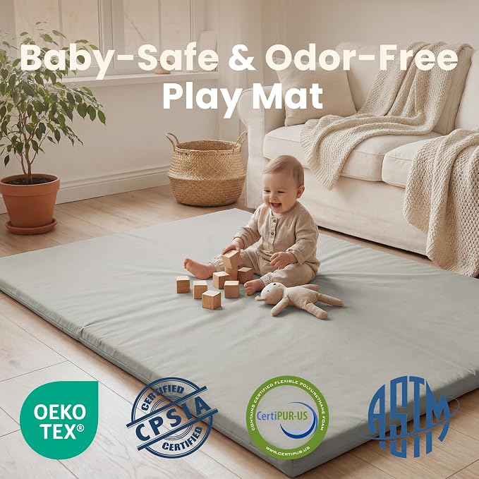 Huloo Sleep Baby Play Mat 65x50 Inches, 1.3" Thick Padded Waterproof Floor Cushion & Playpen Mat with Vegan Leather, Non-Slip & Non-Toxic Nursery Rug for Infants, Toddlers & Kids(Grey)