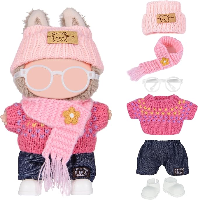 Knit 17cm Doll Clothes Accessories Set Include: 1 Hat, 1 Sweater, 1 Pants, 1 Scarf, 1 Glasses and 1 Shoes for Dress up Your Dolls (Doll Not Included), Knit #3