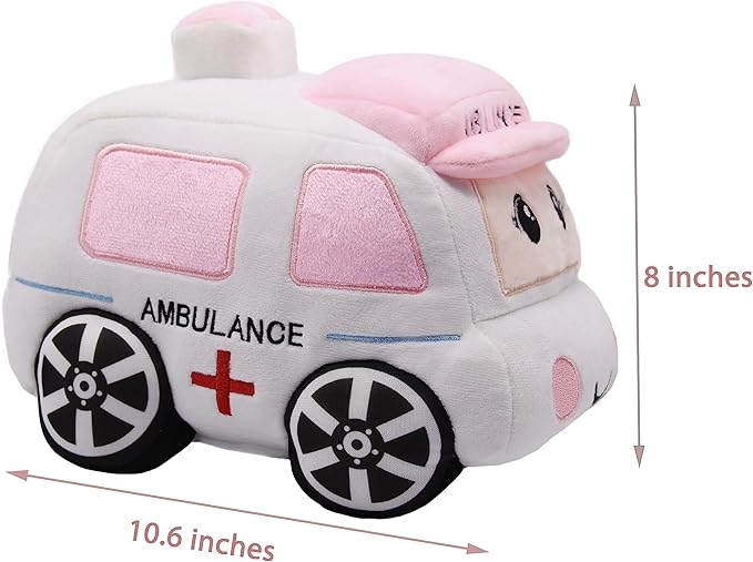 Soft Plush Ambulance Stuffed Car Toy Super Cute White Truck Plushie Excellent Gifts for Kids or Birthday Party 10.6 Inches (Ambulance)
