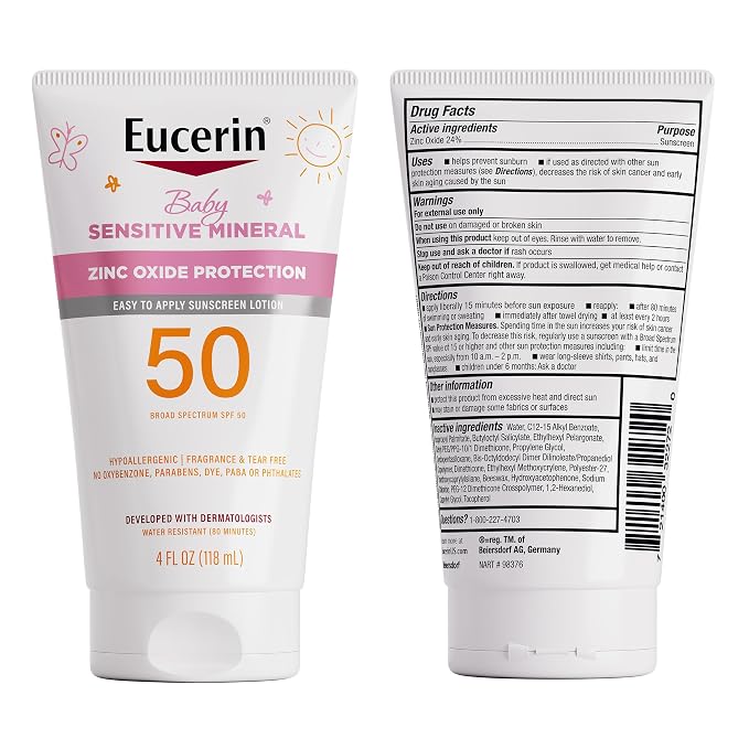 Eucerin Sun Sensitive Mineral Baby Sunscreen Lotion SPF 50 with Zinc Oxide Protection, Hypoallergenic Mineral Sunscreen for Babies, Tear Free and Fragrance Free, 4 Fl Oz Tube