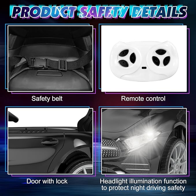 12V Kids Ride On Car with 2.4G Remote Control,Battery Powered Electric Car Ride On Vehicle Double Doors, Safety Belt,LED Light (SC-Black)