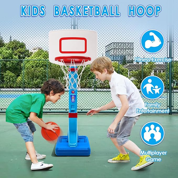 Toddler Basketball Hoop Indoor Outdoor - Height Adjustable 27.6-54 Inches (5 Slots), Kids Basketball Hoop with 4 Inflatable Balls & Pump, Safe Toddler Toys for 1-6 Year Old Boys Girls