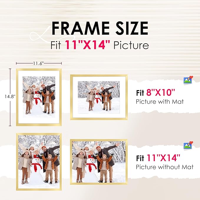 11x14 Picture Frame Bulk-6 Pack, Photo Frame with HD Plexiglass, Display Pictures 8x10 with Mat or 11x14 Without Mat, Gold Picture Frames Collage Wall Decor