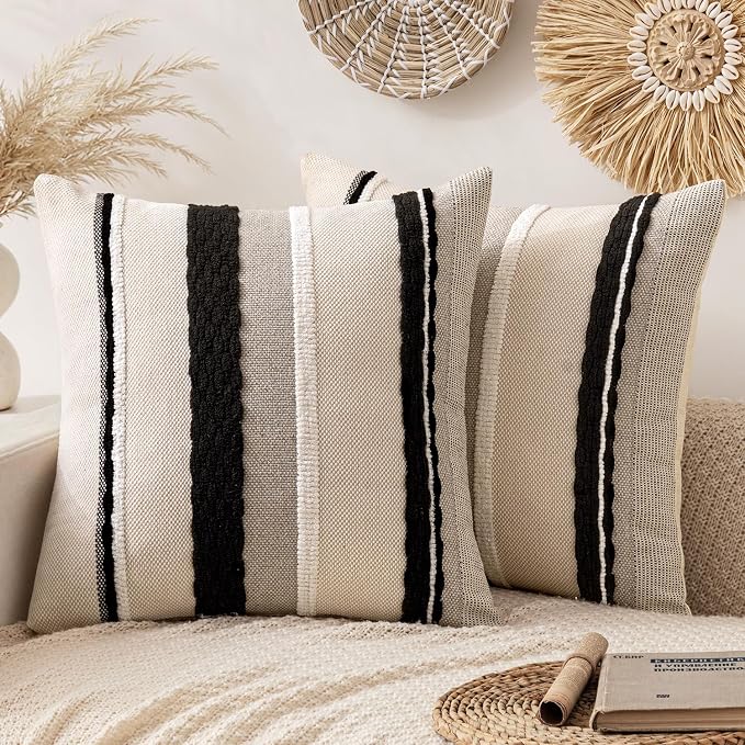ANRODUO Boho Decorative Pillow Covers 20x20 Pack of 2 Black-White Stripe 2 | Throw Pillow Covers, Farmhouse Cushion Case, Chenille Pillow Cases, Pillow Covers, Neutral Pillowcase for Sofa Couch Bed