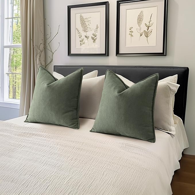 MIULEE Pack of 2 Army Green Decorative Chenille Pillow Covers 18x18 Inch | Soft Couch Throw Pillows,Farmhouse Cushion Covers with Elegant Design for Sofa,Bedroom,Living Room,Spring Home Decor