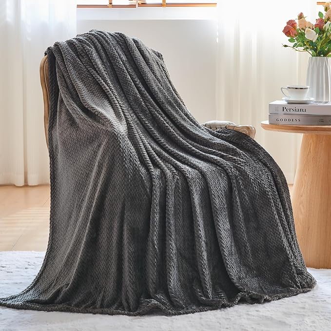 NEWCOSPLAY Fleece Leaves Pattern Throw Blanket, Dark Grey, 50"x60" | Super Soft Throw Blanket, Lightweight Cozy Bed Sofa Blanket, Premium Silky Flannel Fleece, Travel Blanket for All Season Use