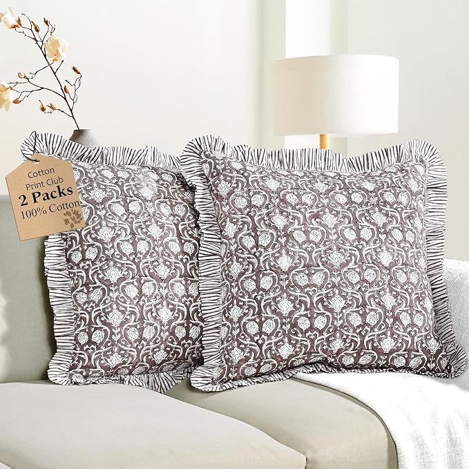 CPC Mocha Regal Hand Block Print 100% Cotton Ruffle Throw Pillow Cover 18x18 inch with Hidden Zipper Decorative for Couch, Bed, Sofa, Farmhouse, Cottagecore Decor Gift Christmas Fall Thanksgiving