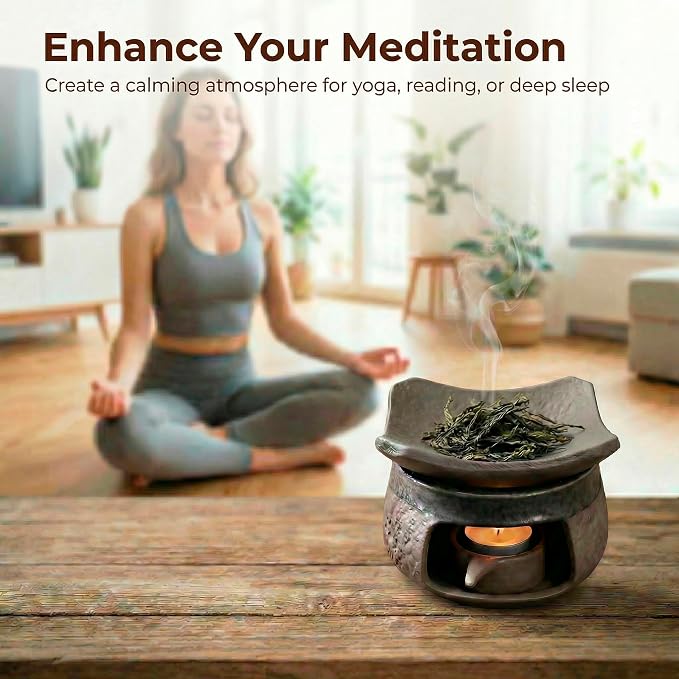 Ceramic Essential Oil Diffuser and Wax Melt Warmer, Aromatherapy Candle Stove Teapot Warmer, Handmade Zen Decor Incense Burner Palo Santo Holder for Home Fragrance Room (Classic Round)
