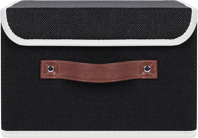 ANMINY Fabric Storage Box Bins with Lids, Black, 13"x9"x7.9" | Keepsake Memory Storage, Cotton Linen, PP Board Reinforced, Washable, PU Handles, Foldable & Stackable, Decorative, Medium