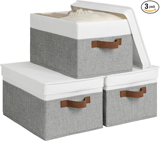 StorageWorks Fabric Storage Bins with Lids, Closet Storage Bins | Lidded Dust-proof, Easy Pull Handles, Foldable, Stackable, Ideal for Clothes Blanket Towel, Large, Gray and White, 3-Pack