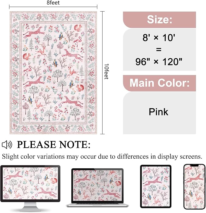 DUKINO 8x10 Area Rugs, Washable Soft Animal Bedroom Rug Non Slip, Pink | Non Slip, Low Pile, Stain Resistant Indoor Large Carpet for Living Room, Dining Room, Kids PlayRoom, Farmhouse, Pet Friendly