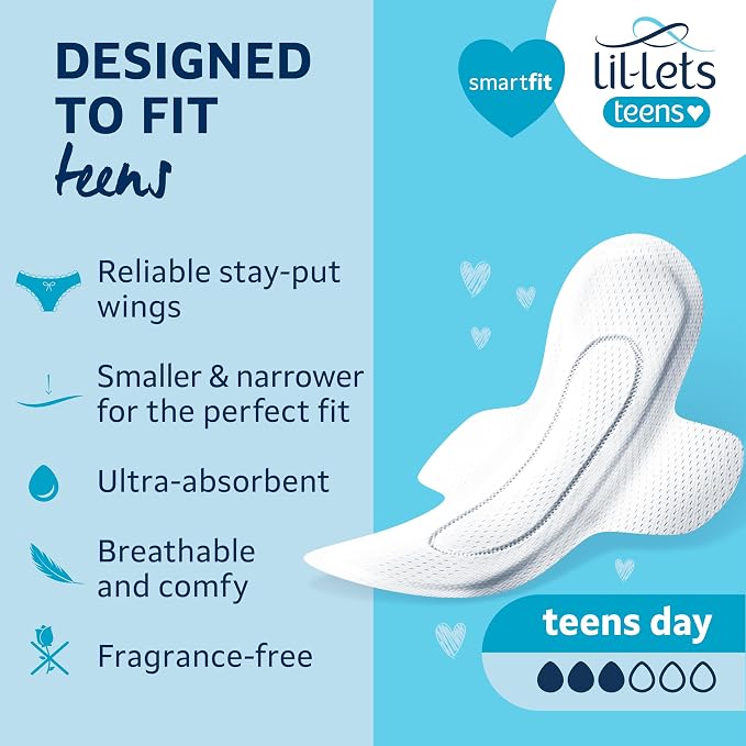 Lil-Lets Teens Day Pads with Wings - 70 Count Period Pads - Thin, Super Absorbent Sanitary Napkins, Soft & Breathable, Fragrance-Free - First Periods, Light to Medium Days *Packaging May Vary*
