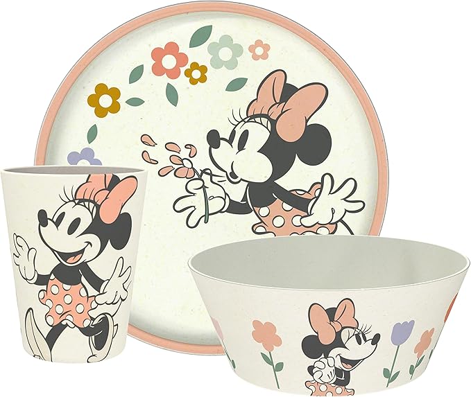 Zak Designs Disney Kids Dinnerware Set 3 Pieces, Durable and Sustainable Melamine Bamboo Plate, Bowl, and Tumbler are Perfect For Dinner Time With Family (Minnie Mouse)