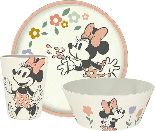 Zak Designs Disney Kids Dinnerware Set 3 Pieces, Durable and Sustainable Melamine Bamboo Plate, Bowl, and Tumbler are Perfect For Dinner Time With Family (Minnie Mouse)