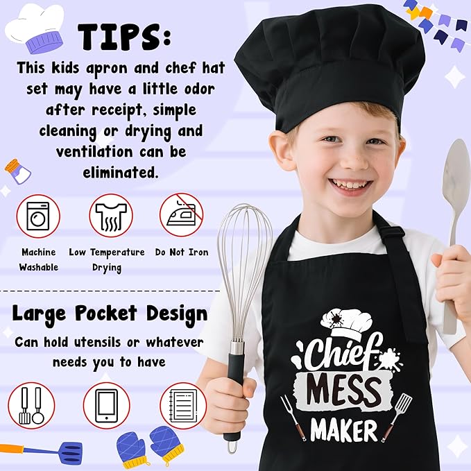 R HORSE Kid Apron and Chef Hat Set - 2Pcs Black Chief Mess Maker Adjustable Children Kitchen Toddler Apron with Pockets, Pretend Play Toy Birthday Christmas Gift for Kids Cooking Baking Painting