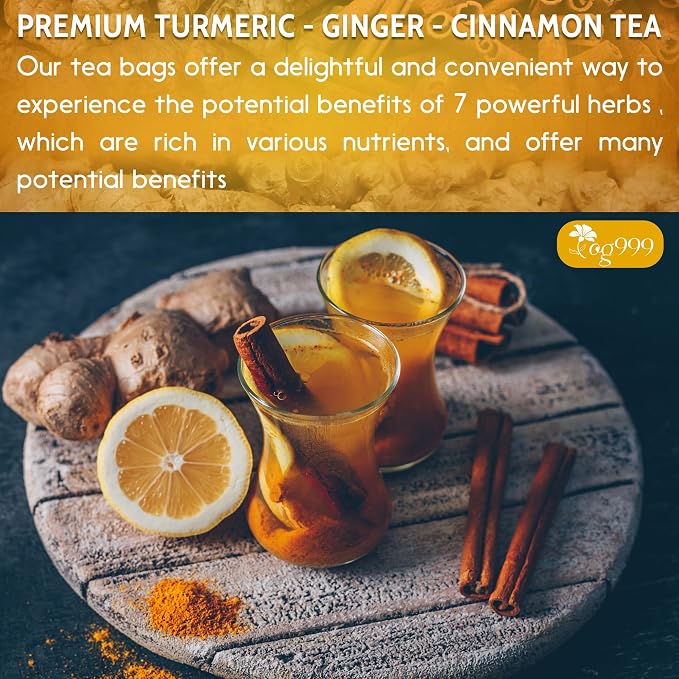 TOG999, 30 Bags Premium Turmeric Ginger Cinnamon Tea. Upgraded Version. Improve Digestion, Support Brain, Weight, Skin and Sleep. Eco-Conscious Tea Bags. No Sugar, No Caffeine, No Gluten, Vegan.