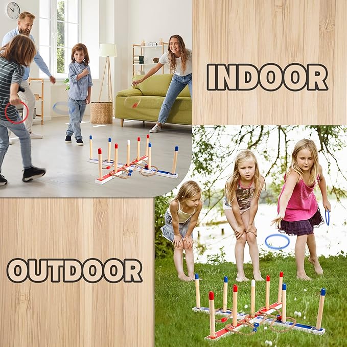 Indoor Outdoor Toys Games Upgraded Large Wooden Ring Toss Game Yard Games for Kids, Lawn Outdoor Games for Family with 10 Plastic Ring and 10 Ropes,1 Carry Bag