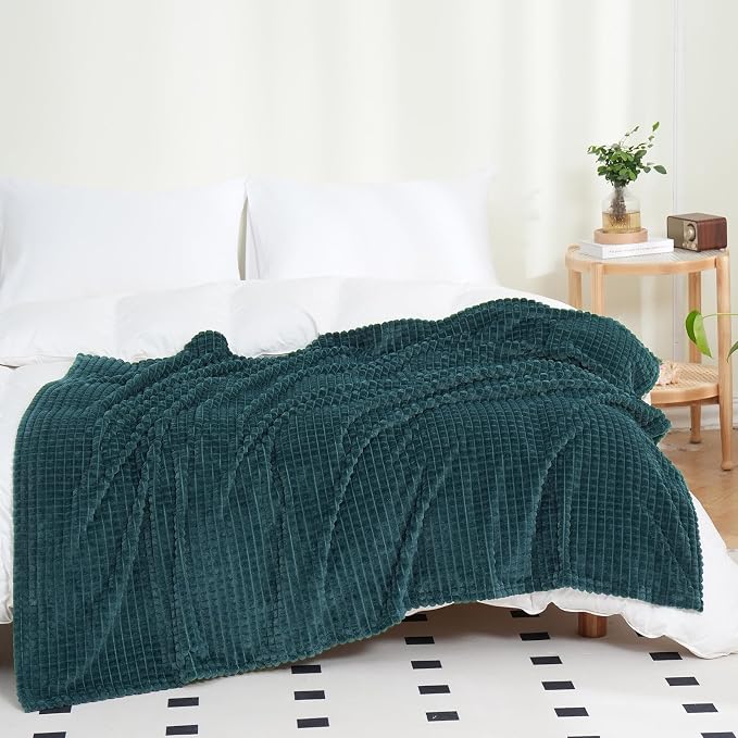 Puncuntex Fleece Throw Blanket Dusty Blue 50"×60" with Square Grid Design | Super Soft Plush Cozy Flannel Throw Blanket Luxury for Couch Sofa Chair
