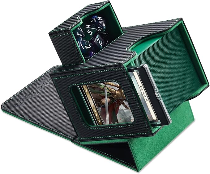 Mage Tech Card Deck Box for MTG Commander - Patented Design, Commander Display, Fits 100 Double-Sleeved Cards, 35pt Card Brick & Dice Tray - Black/Green