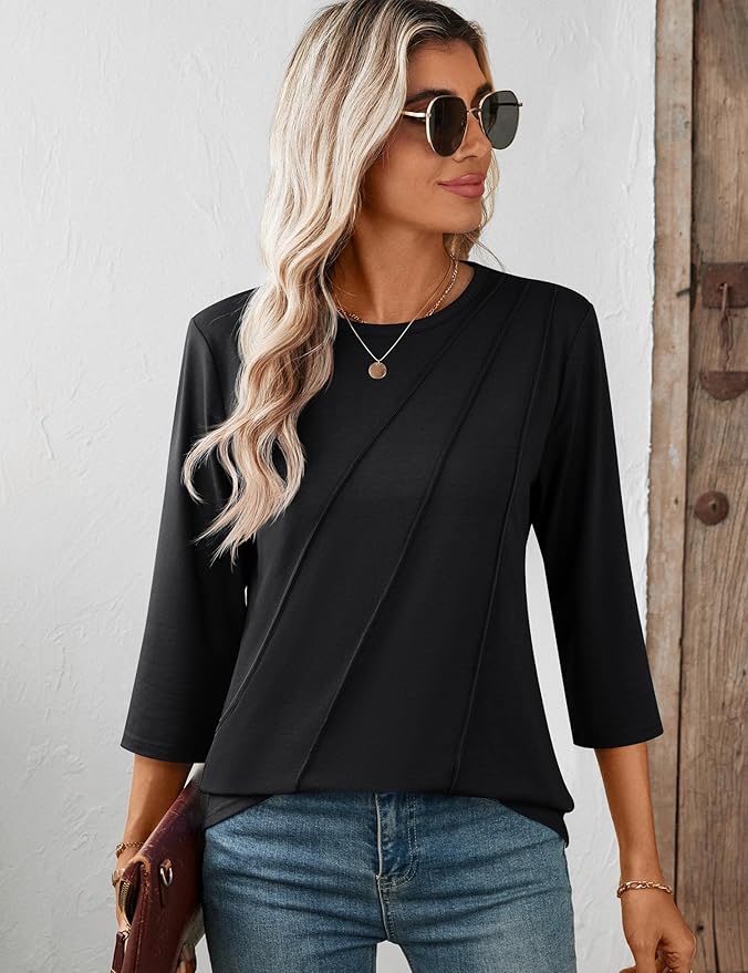 LOMON 3/4 Length Sleeve Womens Tops Spring Summer Fashion 2026 Tops Crew Neck Pleated Shirts Tunic Top Loose Fit